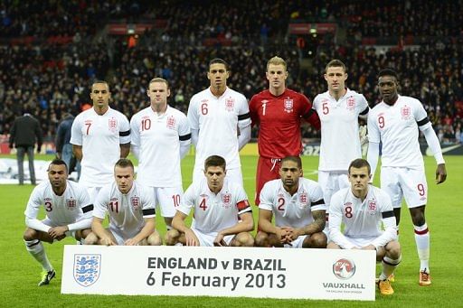 England's team line up before their int'l friendly against Brazil, at Wembley Stadium in London, on February 6, 2013